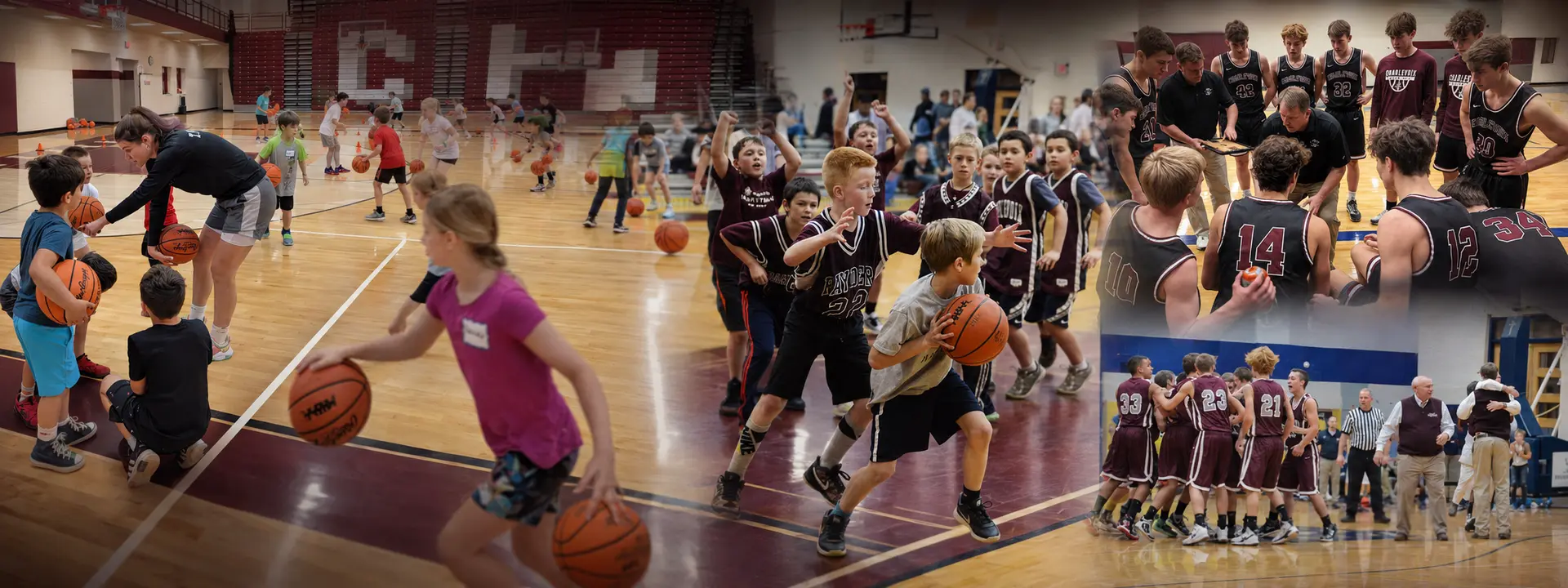 Youth basketball coaches teaching players, young athletes practicing and competing, and a team celebrating